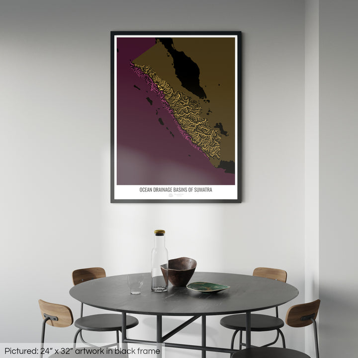 Sumatra - Ocean drainage basin map, black v2 - Framed Print