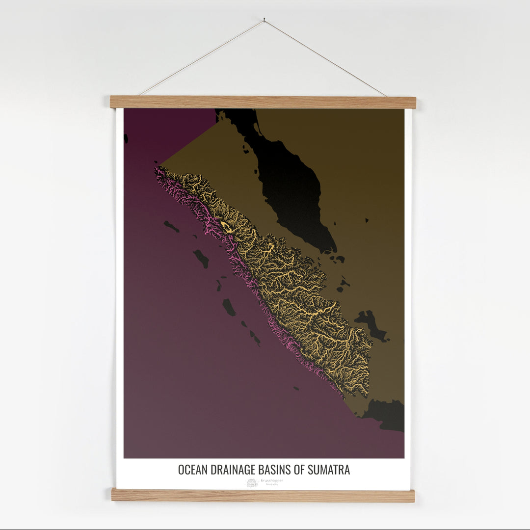 Sumatra - Mapa de la cuenca hidrográfica del océano, negro v2 - Impresión artística con colgador