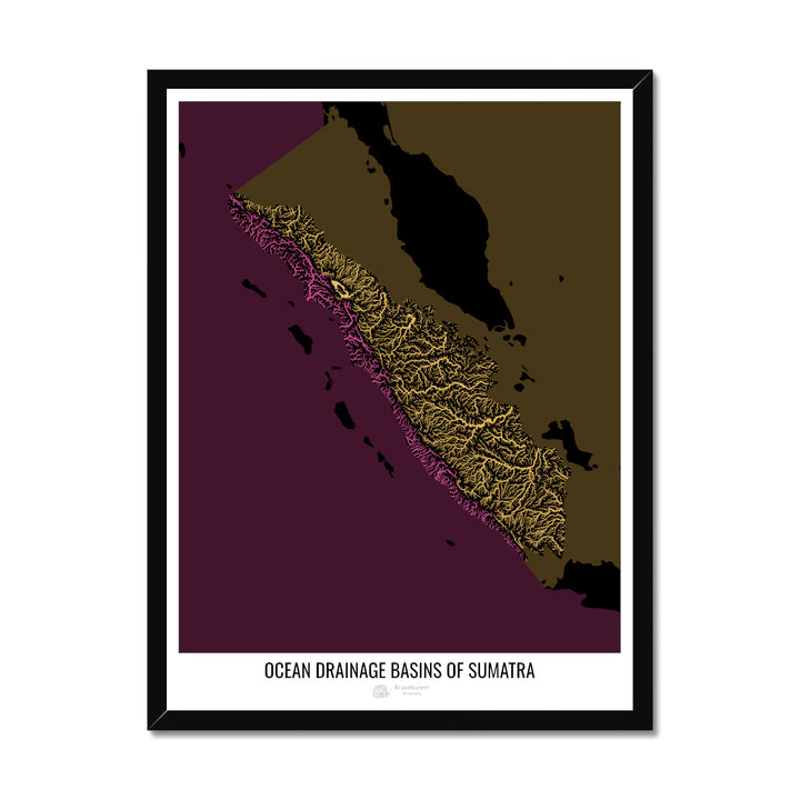 Sumatra - Carte du bassin versant océanique, noir v2 - Impression encadrée