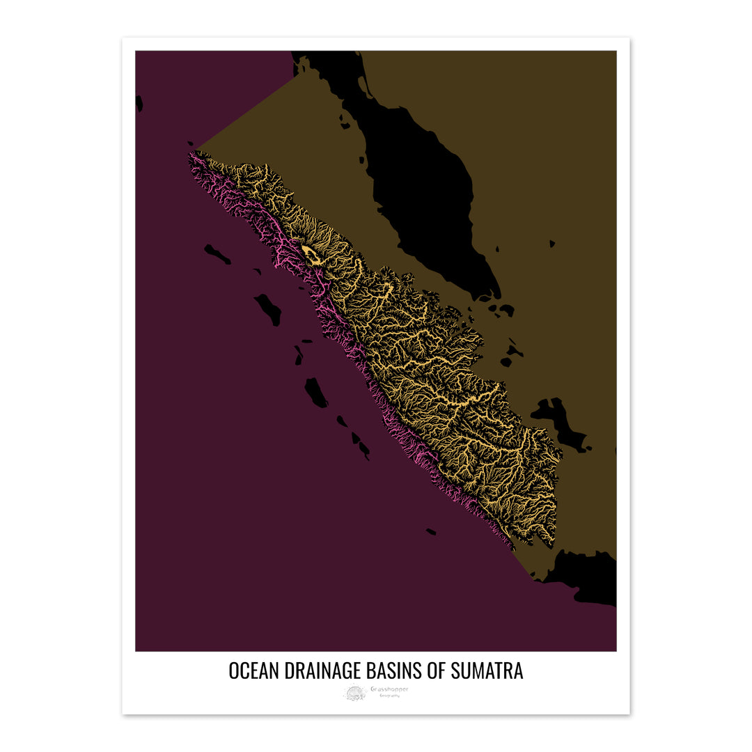 Sumatra - Carte du bassin versant océanique, noir v2 - Tirage photo artistique