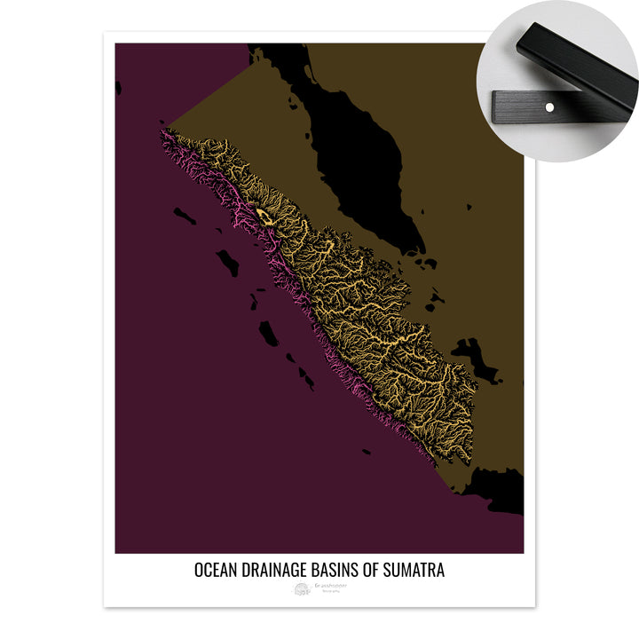 Sumatra - Mapa de la cuenca hidrográfica del océano, negro v2 - Impresión artística con colgador