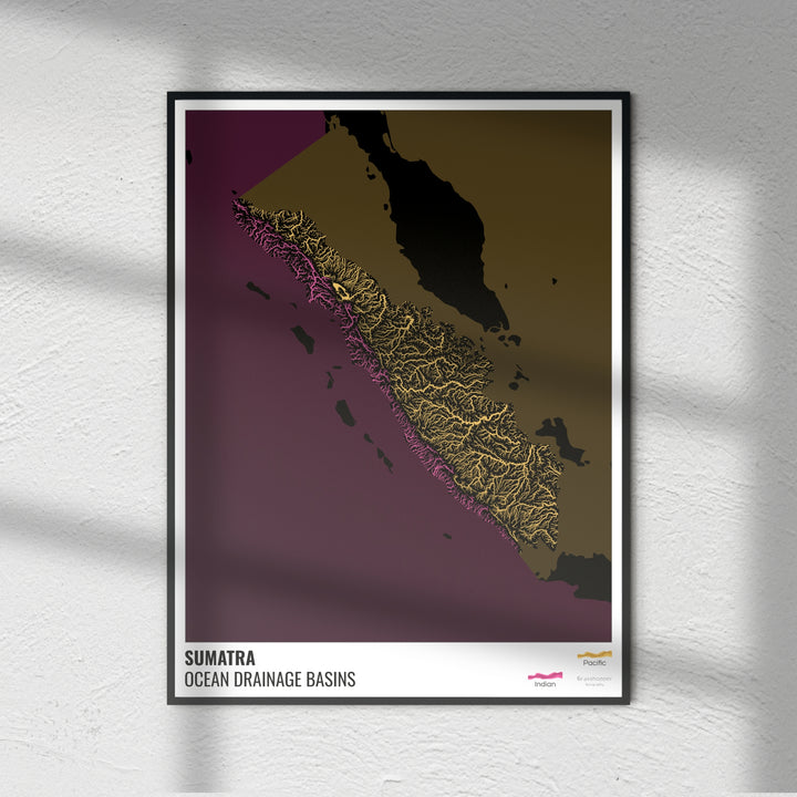 Sumatra - Mapa de la cuenca hidrográfica del océano, negro con leyenda v2 - Impresión de bellas artes
