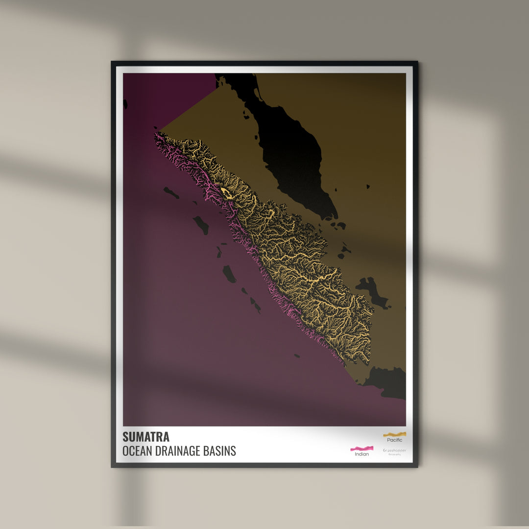 Sumatra - Ocean drainage basin map, black with legend v2 - Photo Art Print