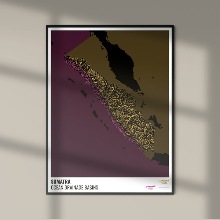Sumatra - Carte du bassin versant océanique, noire avec légende v2 - Tirage photo artistique