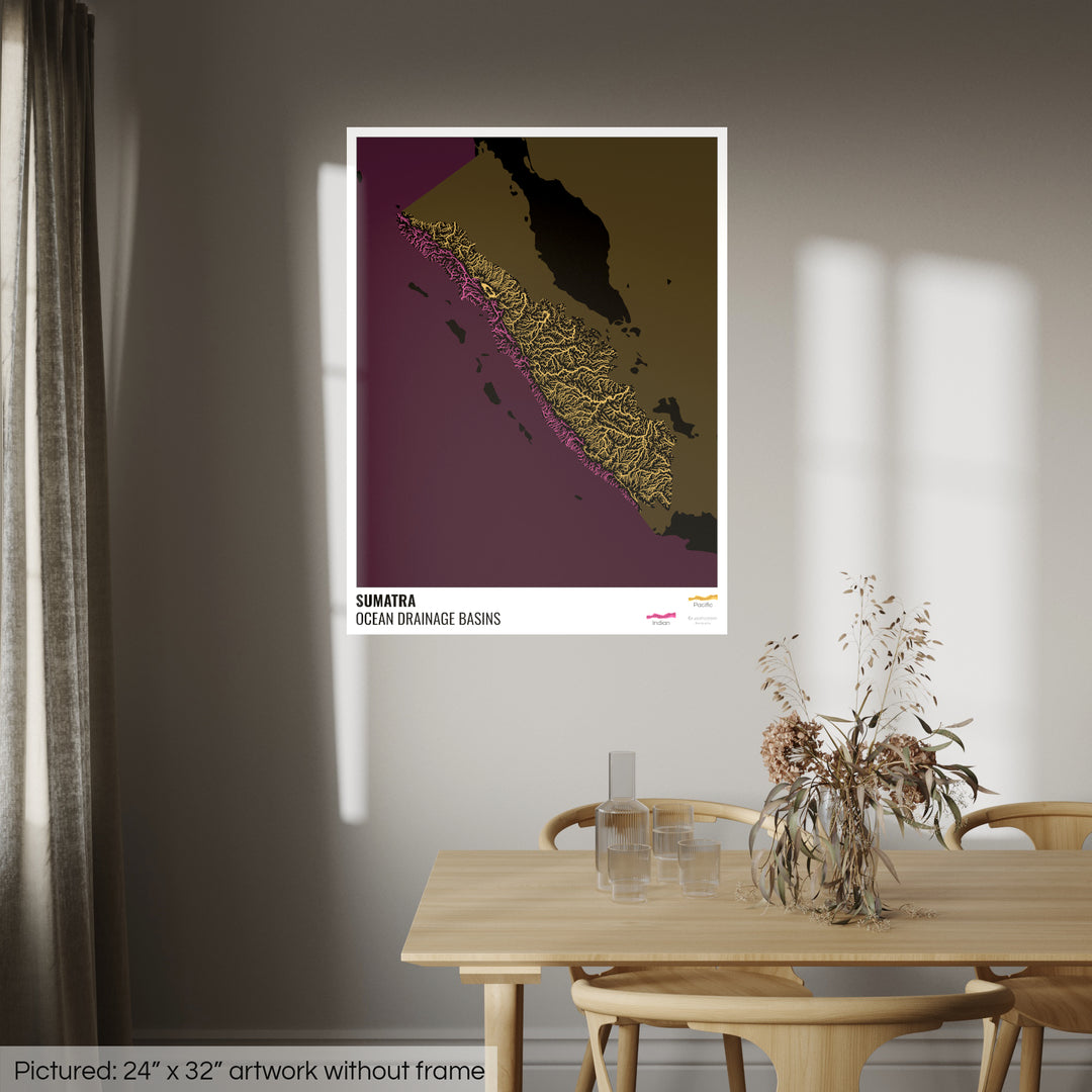 Sumatra - Ocean drainage basin map, black with legend v2 - Photo Art Print