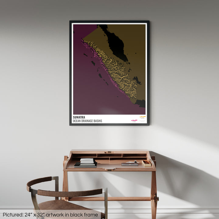 Sumatra - Carte du bassin versant océanique, noire avec légende v2 - Impression encadrée