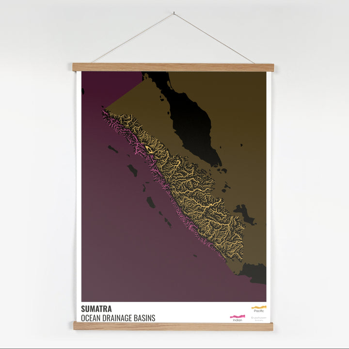 Sumatra - Carte du bassin versant océanique, noire avec légende v2 - Tirage d'art avec cintre