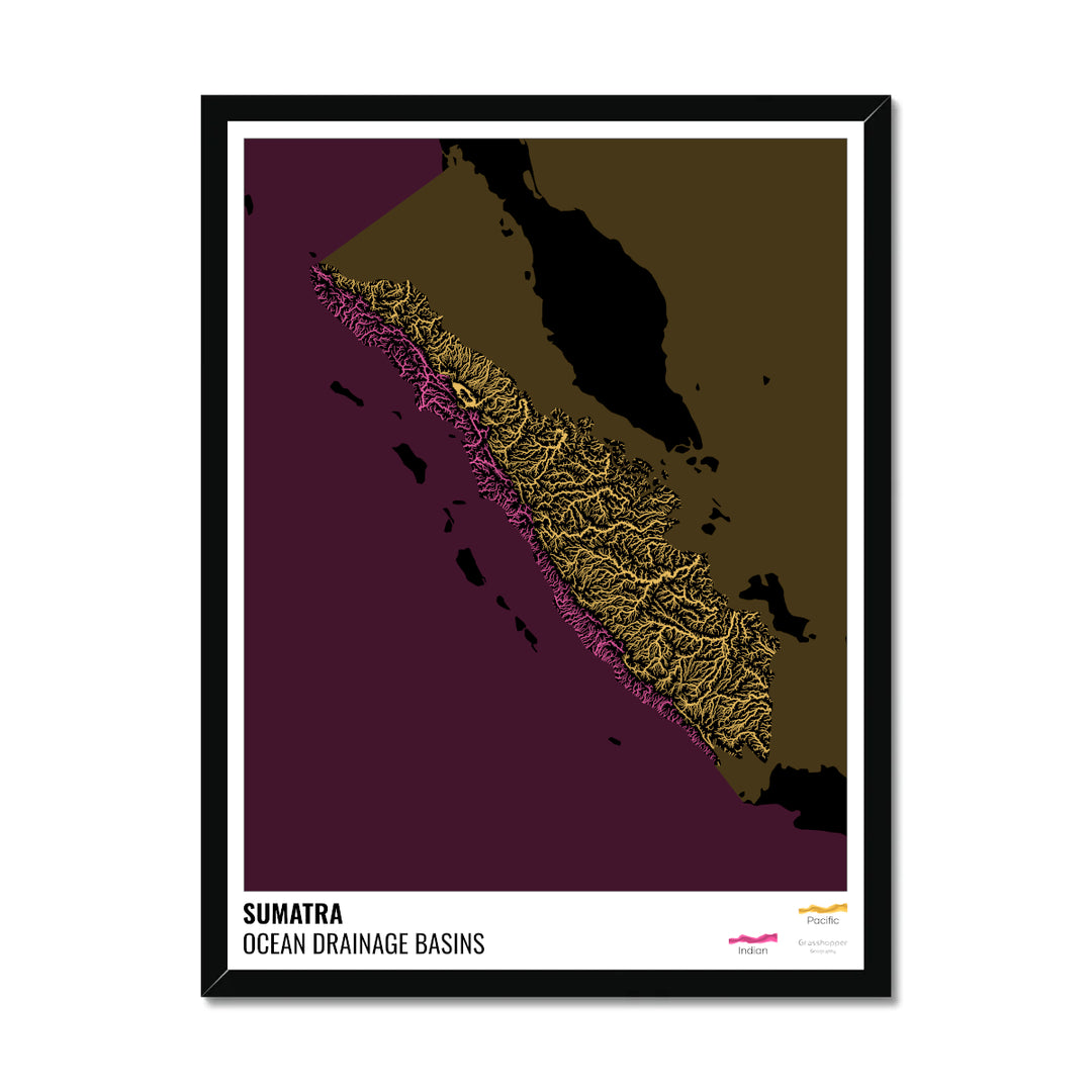 Sumatra - Ocean drainage basin map, black with legend v2 - Framed Print