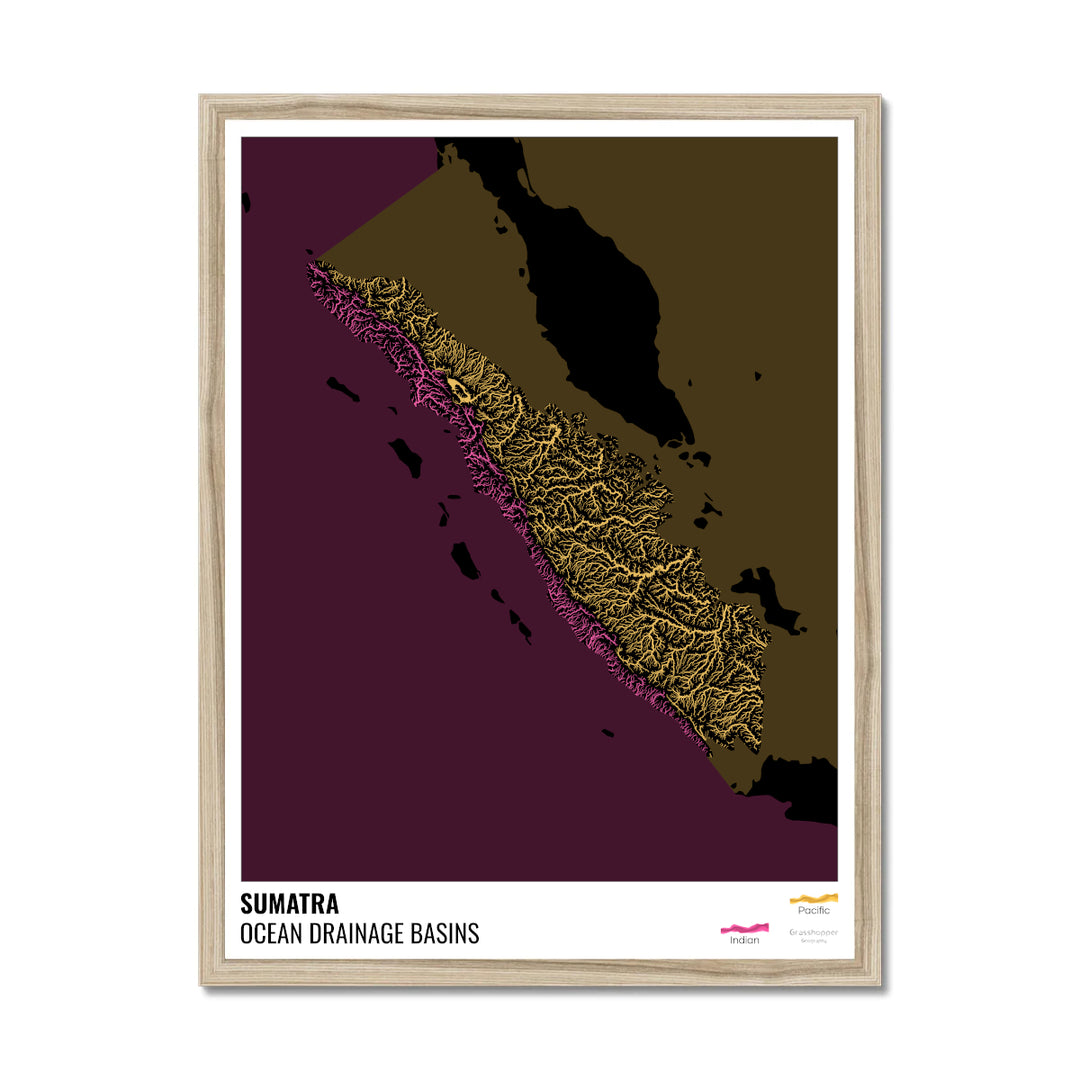 Sumatra - Mapa de la cuenca hidrográfica del océano, negro con leyenda v2 - Lámina enmarcada