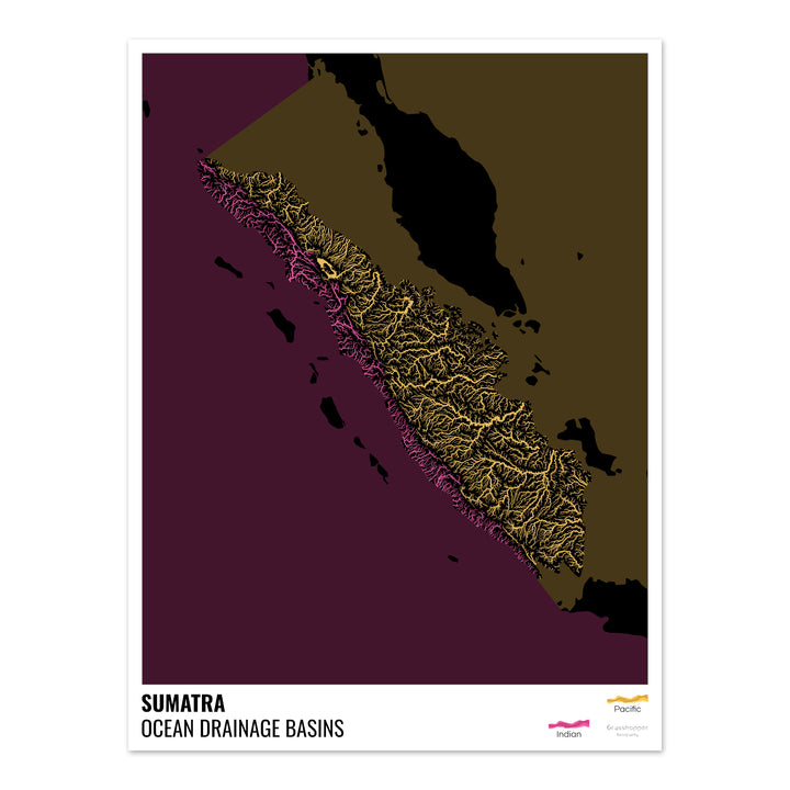 Sumatra - Mapa de la cuenca hidrográfica del océano, negro con leyenda v2 - Impresión de bellas artes