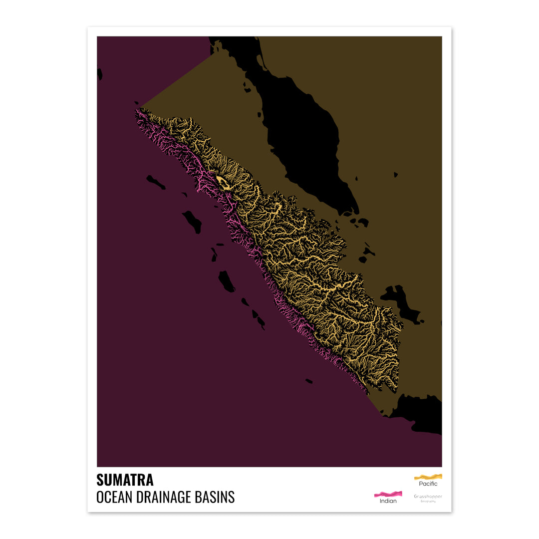 Sumatra - Mapa de la cuenca hidrográfica del océano, negro con leyenda v2 - Impresión fotográfica
