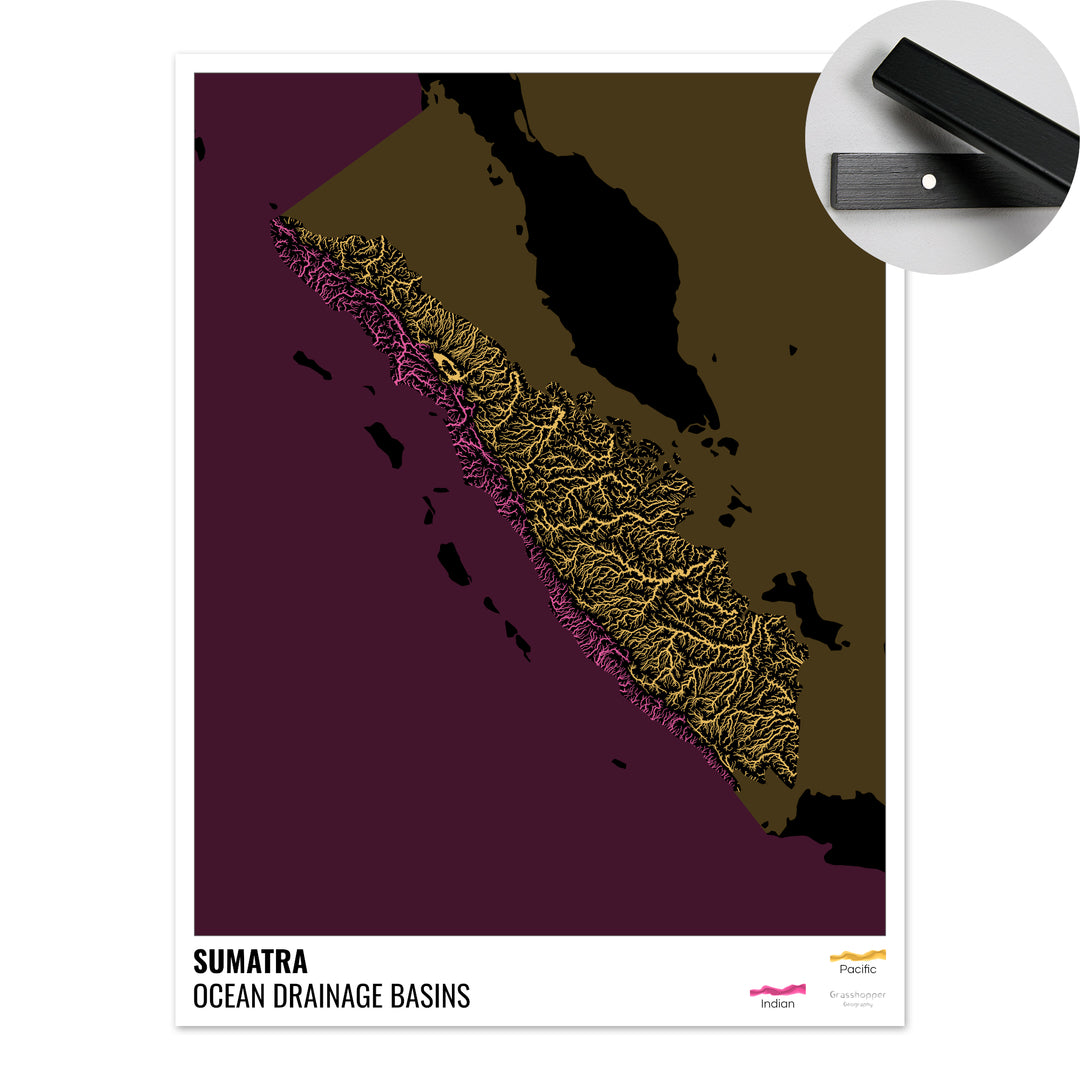 Sumatra - Mapa de la cuenca hidrográfica del océano, negro con leyenda v2 - Impresión artística con colgador