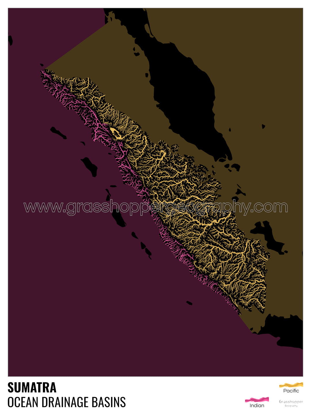 Sumatra - Ocean drainage basin map, black with legend v2 - Fine Art Print