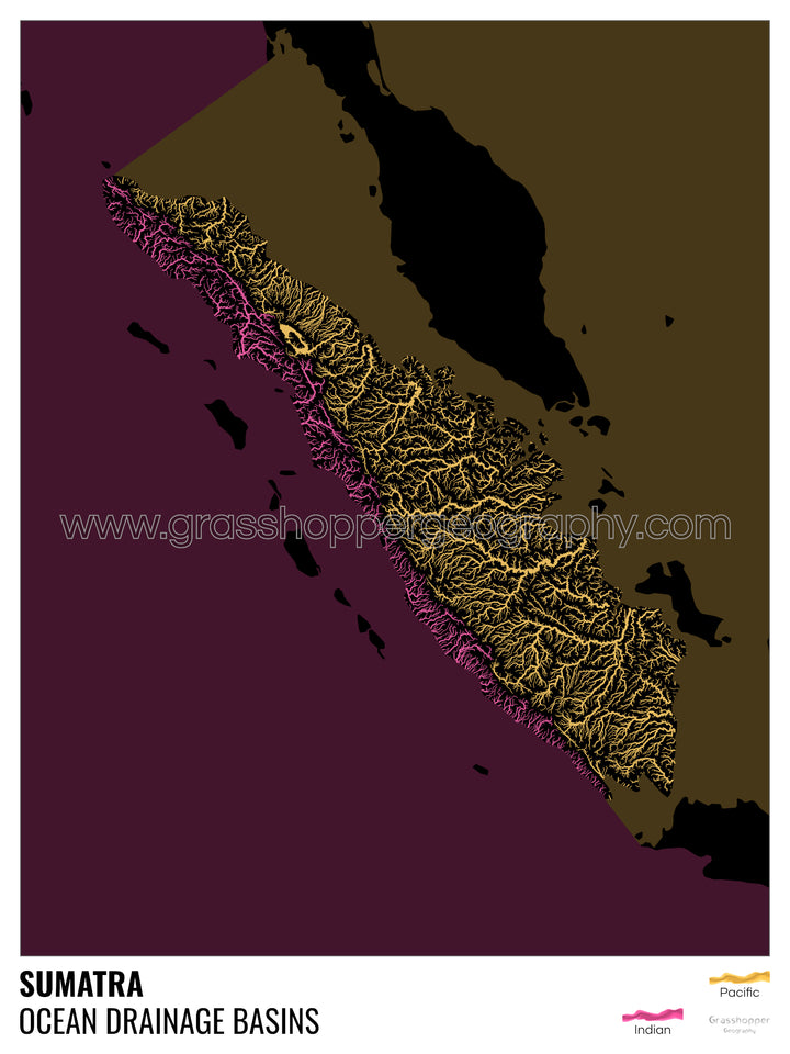 Sumatra - Mapa de la cuenca hidrográfica del océano, negro con leyenda v2 - Impresión de bellas artes