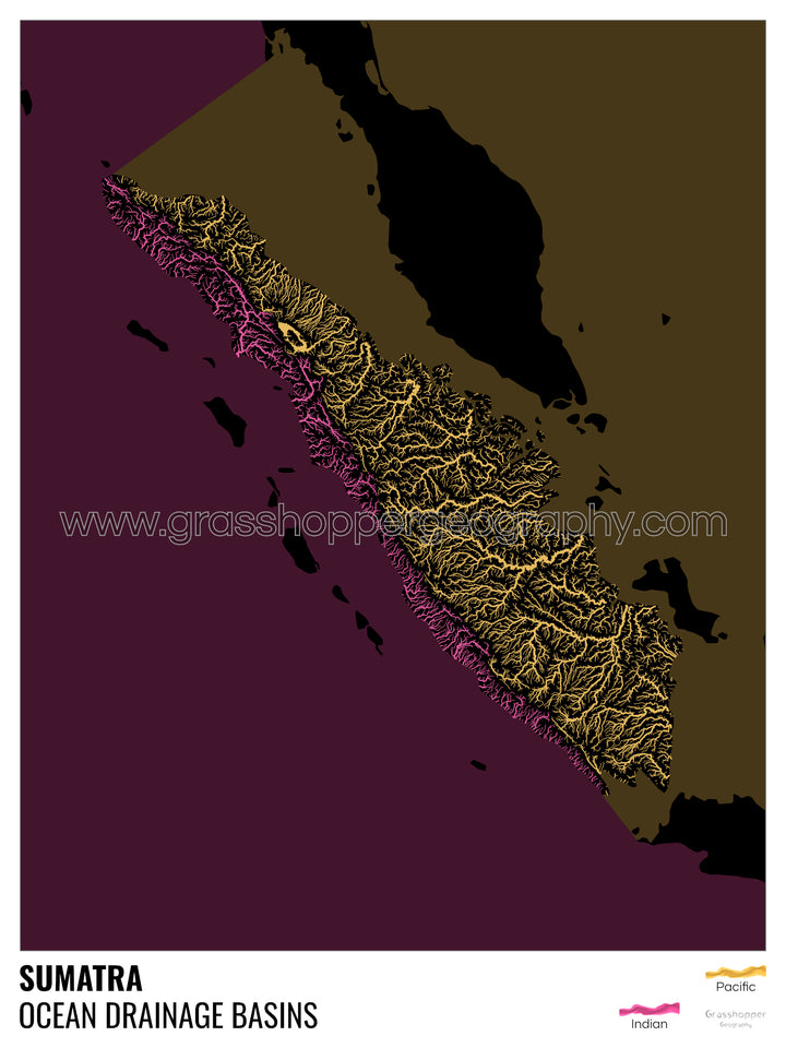 Sumatra - Carte du bassin versant océanique, noire avec légende v2 - Tirage photo artistique