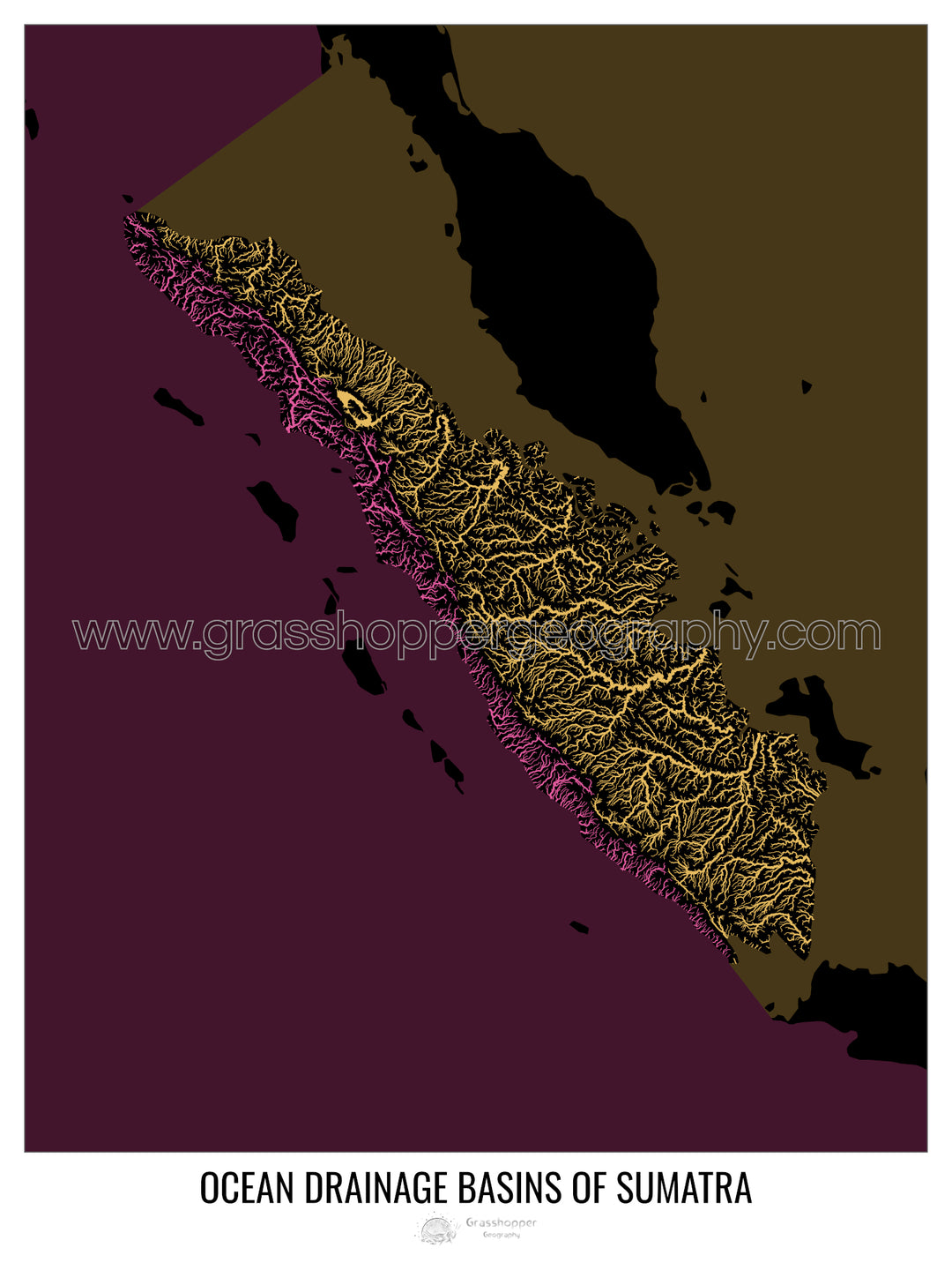 Sumatra - Mapa de la cuenca de drenaje oceánico, negro v2 - Impresión de bellas artes