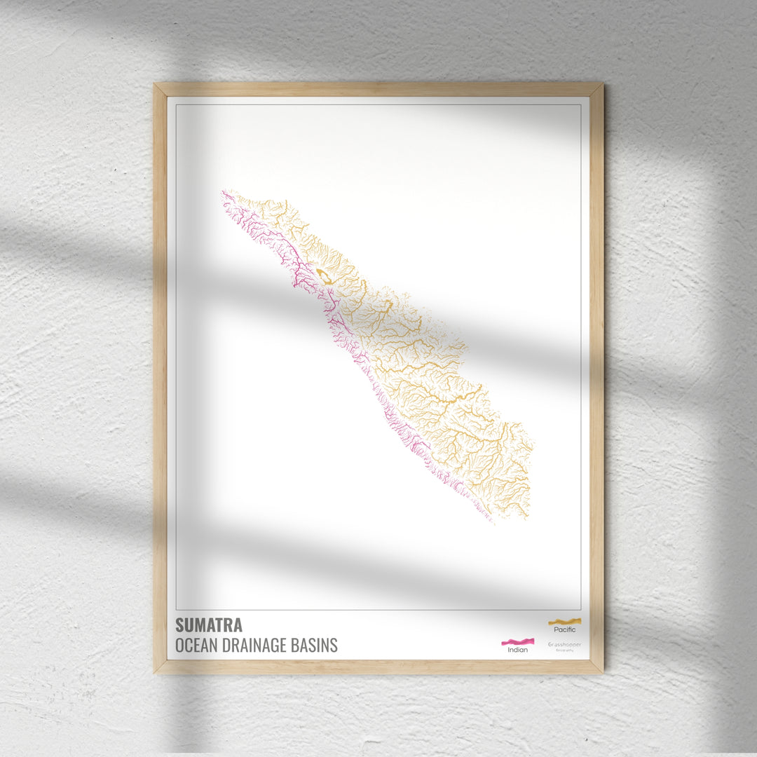 Sumatra - Mapa de la cuenca hidrográfica del océano, blanco con leyenda v1 - Impresión fotográfica
