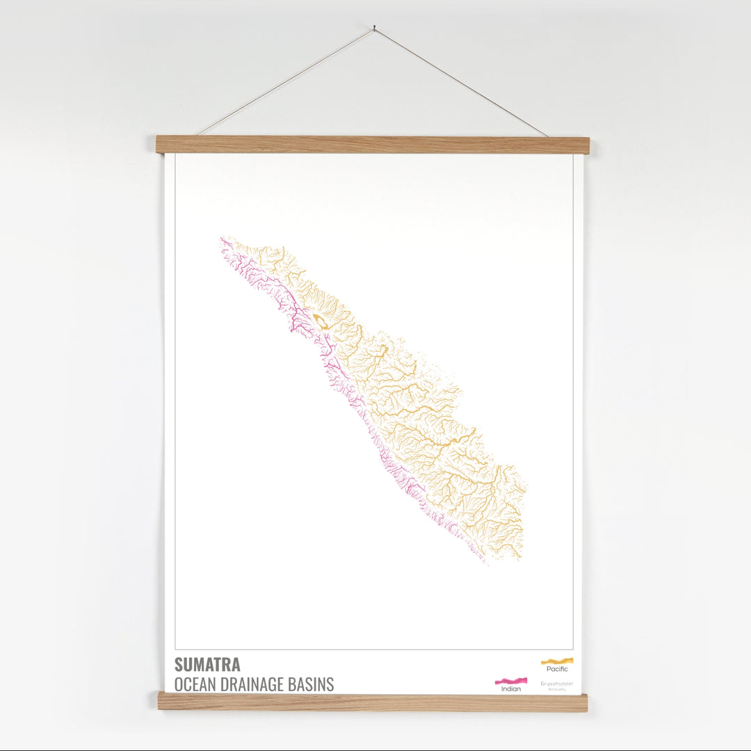 Sumatra - Mapa de la cuenca hidrográfica del océano, blanco con leyenda v1 - Impresión artística con colgador