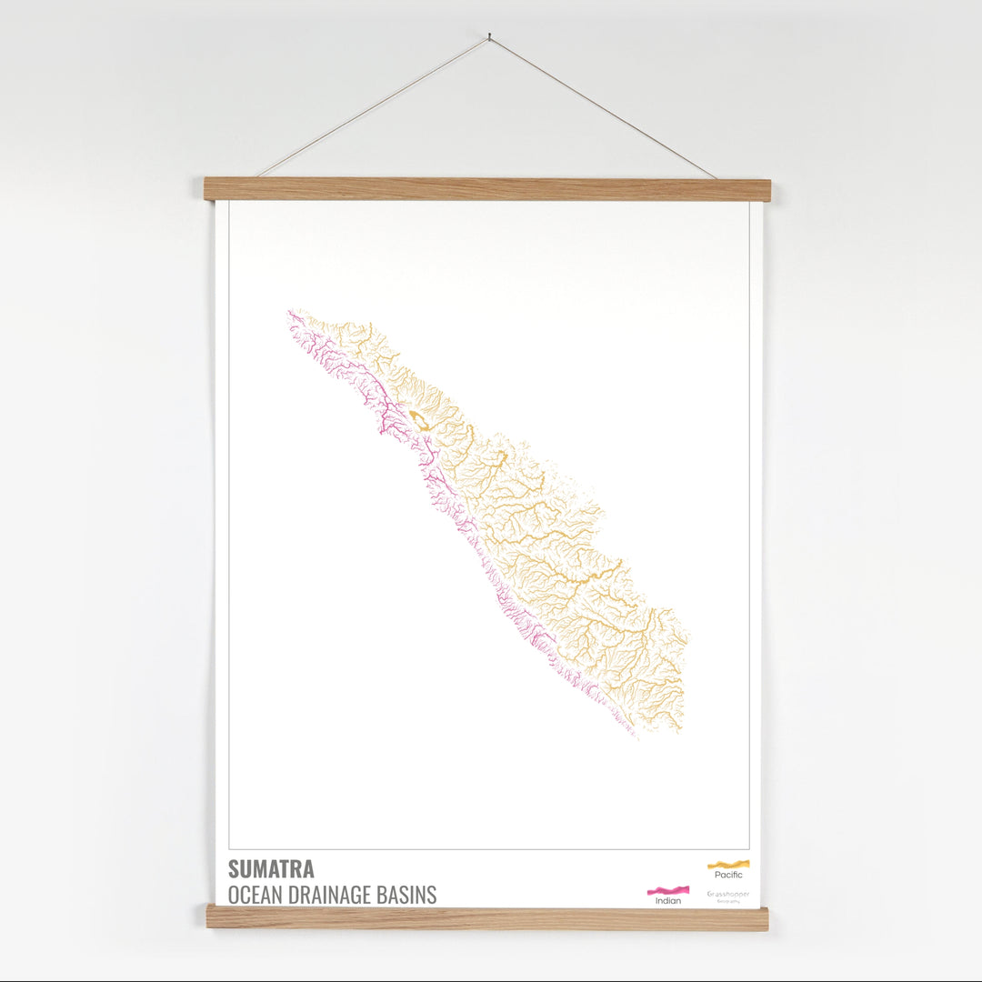 Sumatra – Karte des Einzugsgebiets des Ozeans, weiß mit Legende v1 – Kunstdruck mit Aufhänger