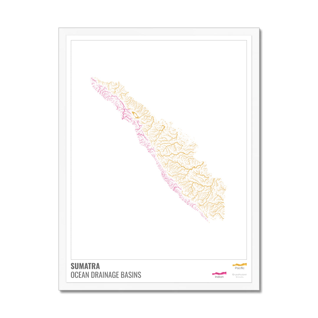 Sumatra - Mapa de la cuenca hidrográfica del océano, blanco con leyenda v1 - Lámina enmarcada