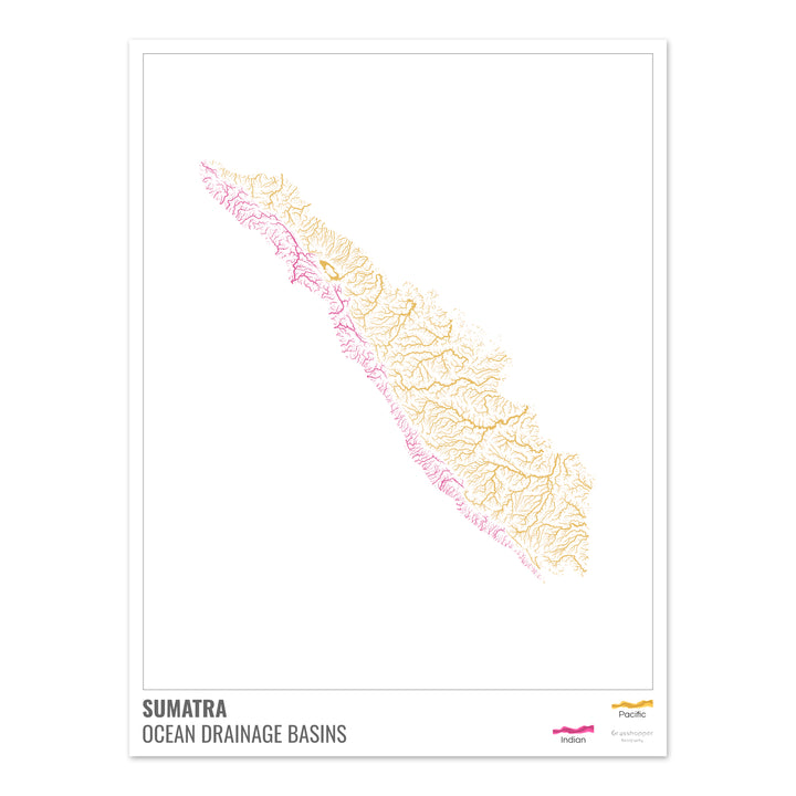 Sumatra - Mapa de la cuenca hidrográfica del océano, blanco con leyenda v1 - Impresión de bellas artes