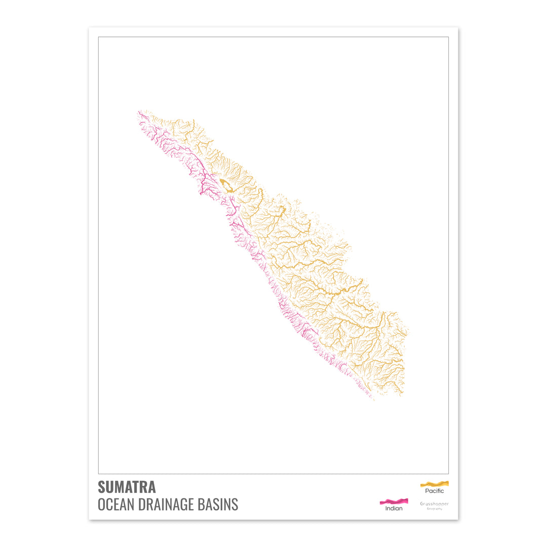 Sumatra - Mapa de la cuenca hidrográfica del océano, blanco con leyenda v1 - Impresión fotográfica