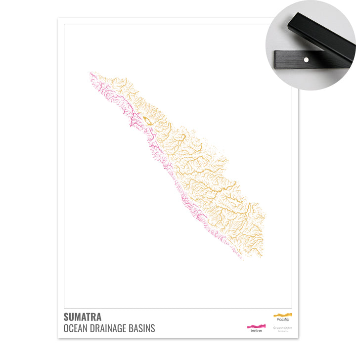 Sumatra - Mapa de la cuenca hidrográfica del océano, blanco con leyenda v1 - Impresión artística con colgador