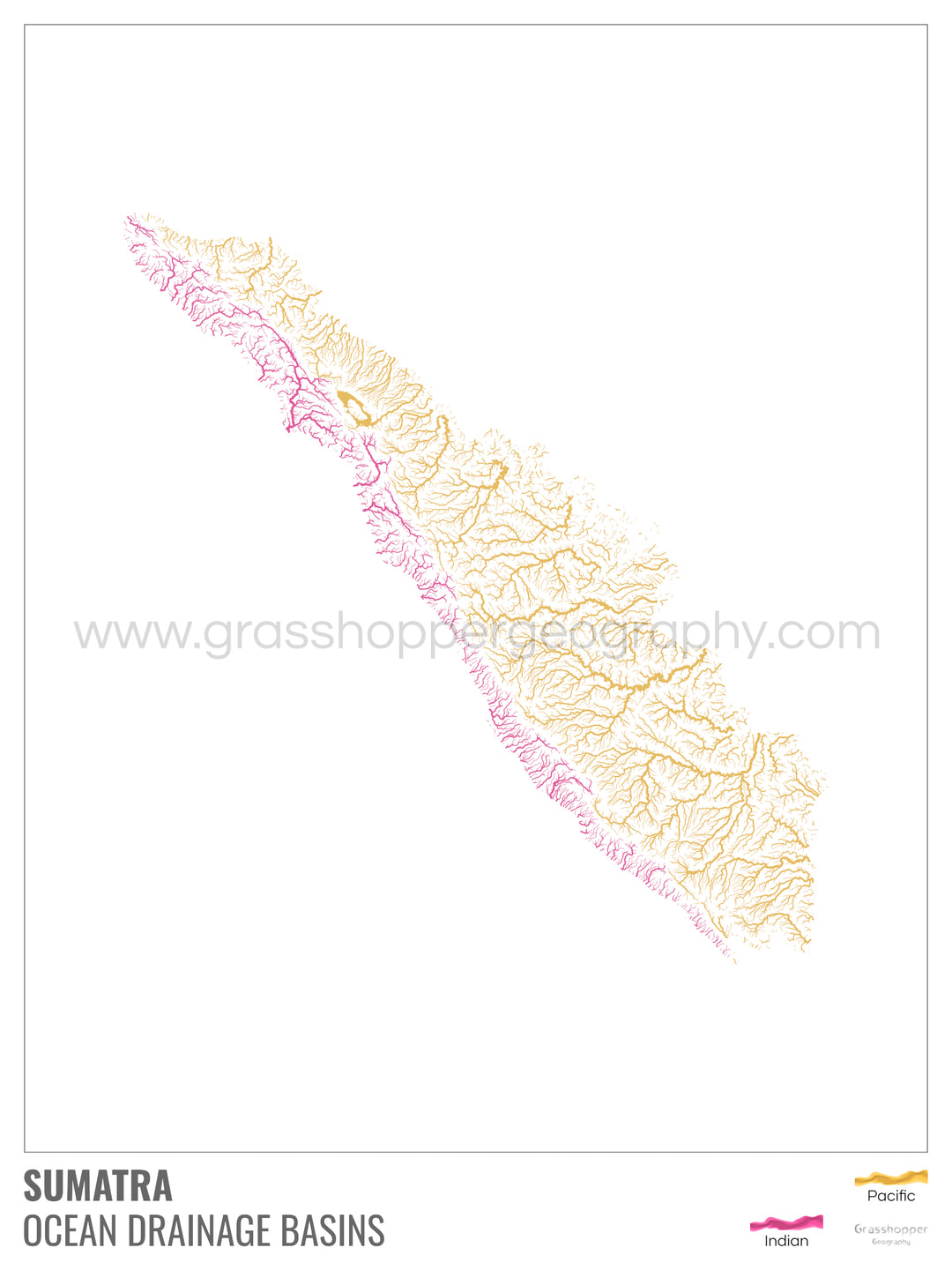 Sumatra - Mapa de la cuenca hidrográfica del océano, blanco con leyenda v1 - Impresión de bellas artes