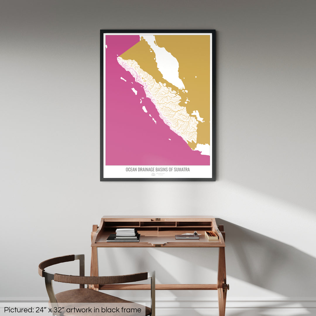 Sumatra - Carte du bassin versant océanique, blanc v2 - Impression encadrée