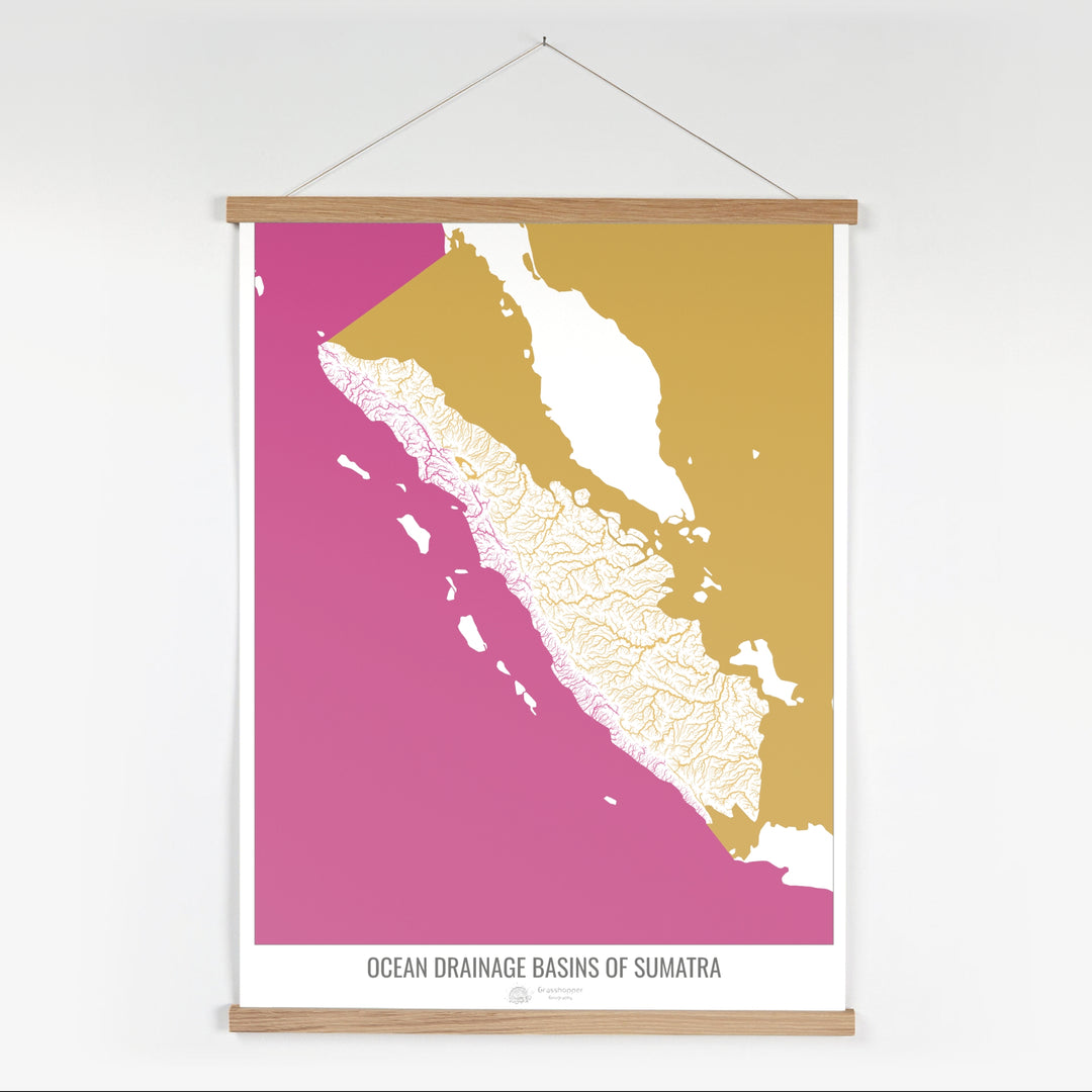 Sumatra - Mapa de la cuenca hidrográfica del océano, blanco v2 - Impresión artística con colgador