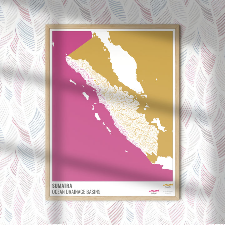 Sumatra - Mapa de la cuenca hidrográfica del océano, blanco con leyenda v2 - Impresión de bellas artes