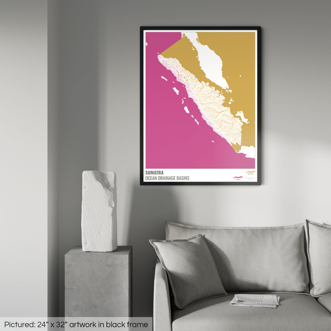 Sumatra - Ocean drainage basin map, white with legend v2 - Framed Print