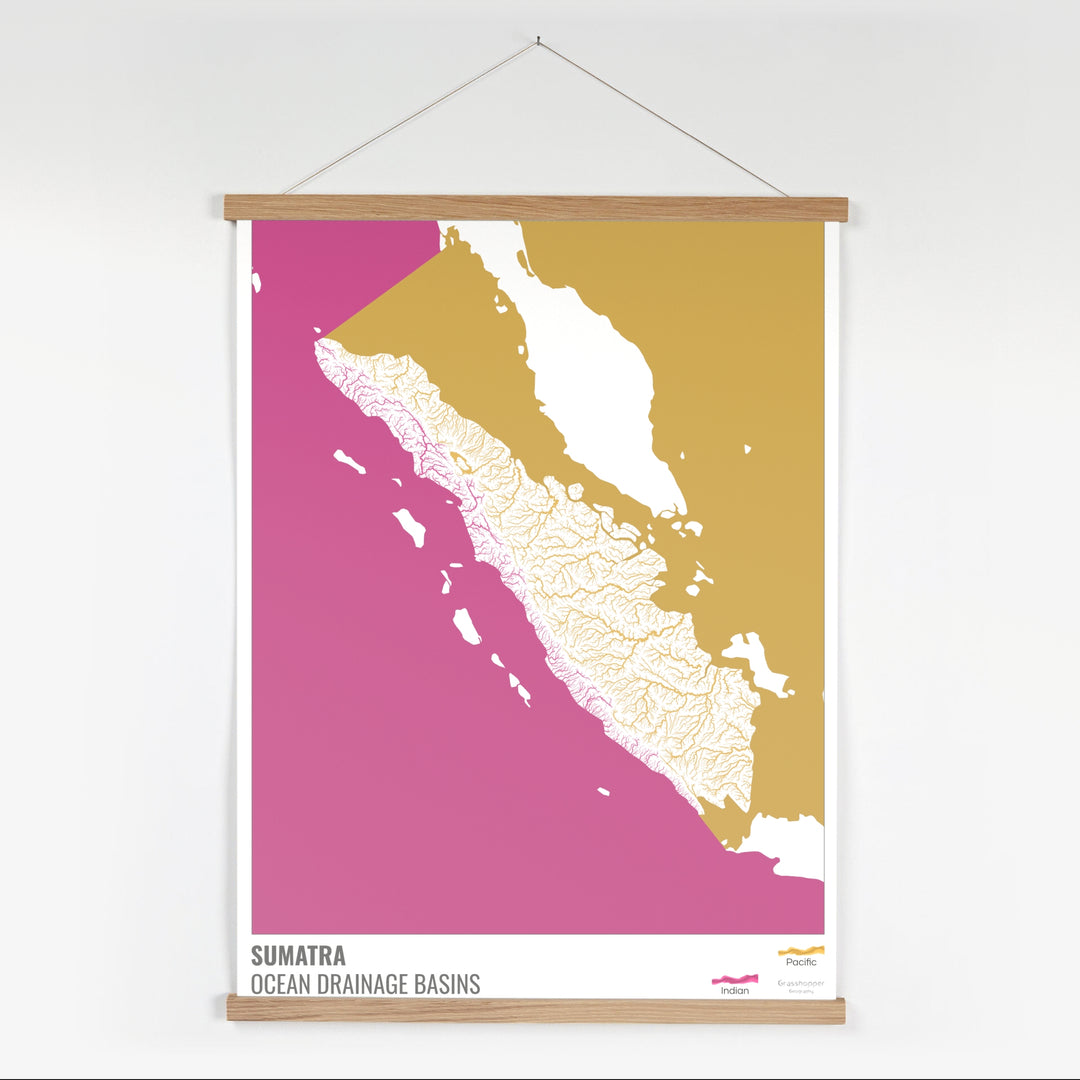 Sumatra - Mapa de la cuenca hidrográfica del océano, blanco con leyenda v2 - Impresión artística con colgador