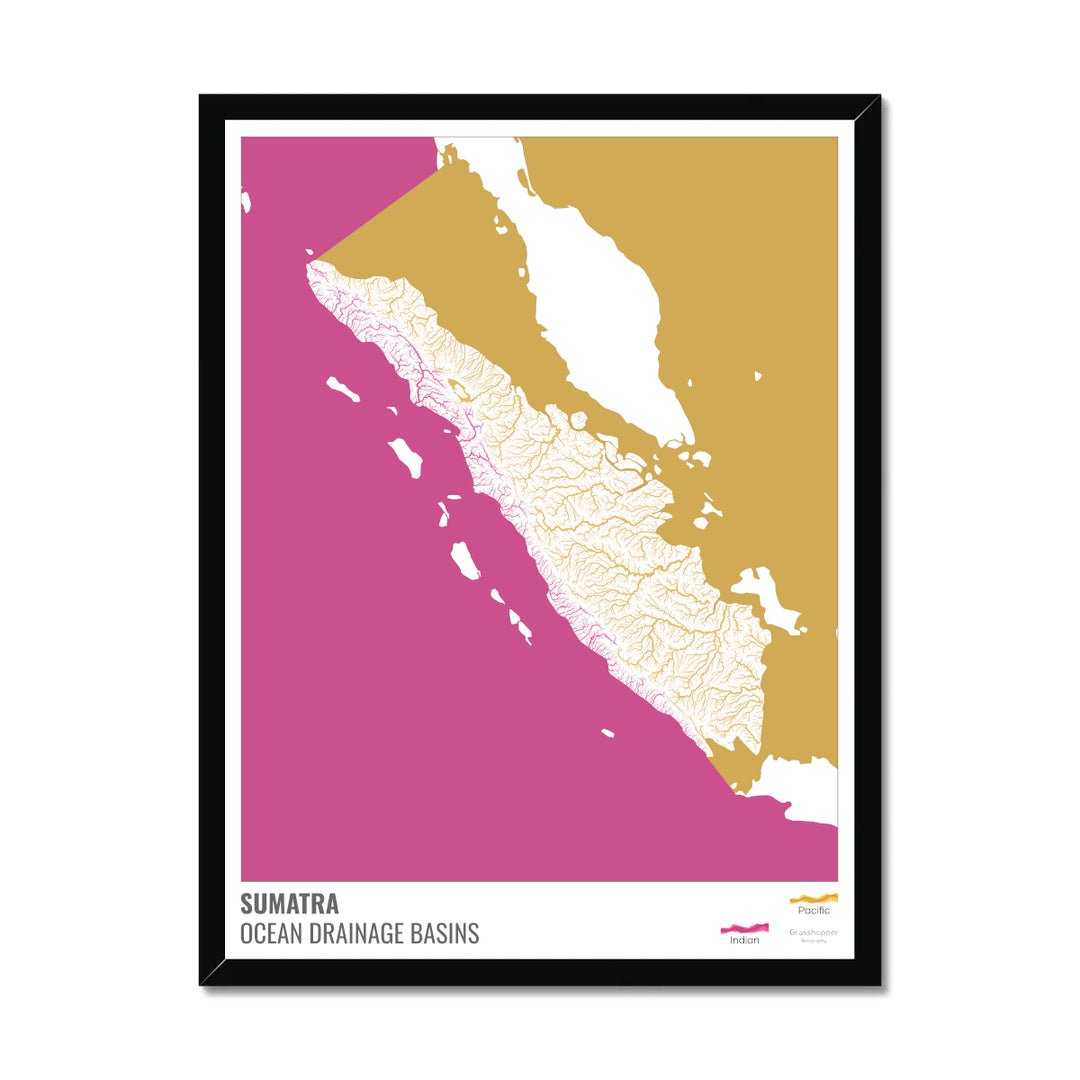 Sumatra - Ocean drainage basin map, white with legend v2 - Framed Print