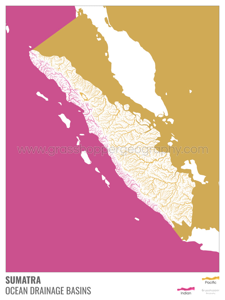 Sumatra - Mapa de la cuenca hidrográfica del océano, blanco con leyenda v2 - Impresión de bellas artes