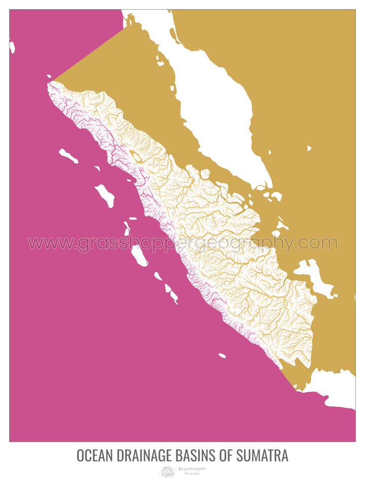 Sumatra - Mapa de la cuenca de drenaje del océano, blanco v2 - Impresión de bellas artes