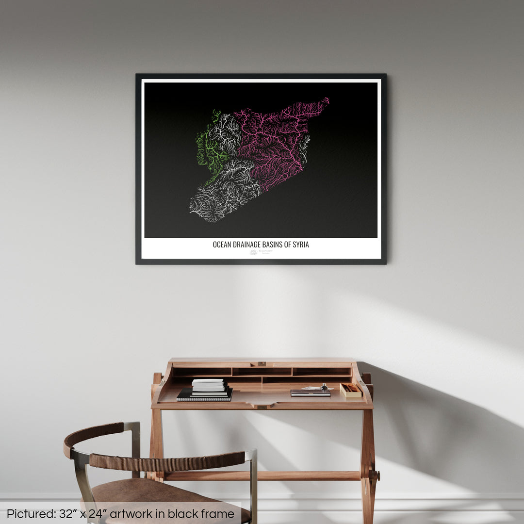 Syria - Ocean drainage basin map, black v1 - Framed Print