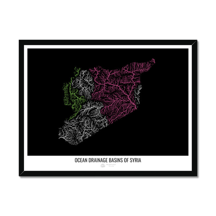 Syria - Ocean drainage basin map, black v1 - Framed Print