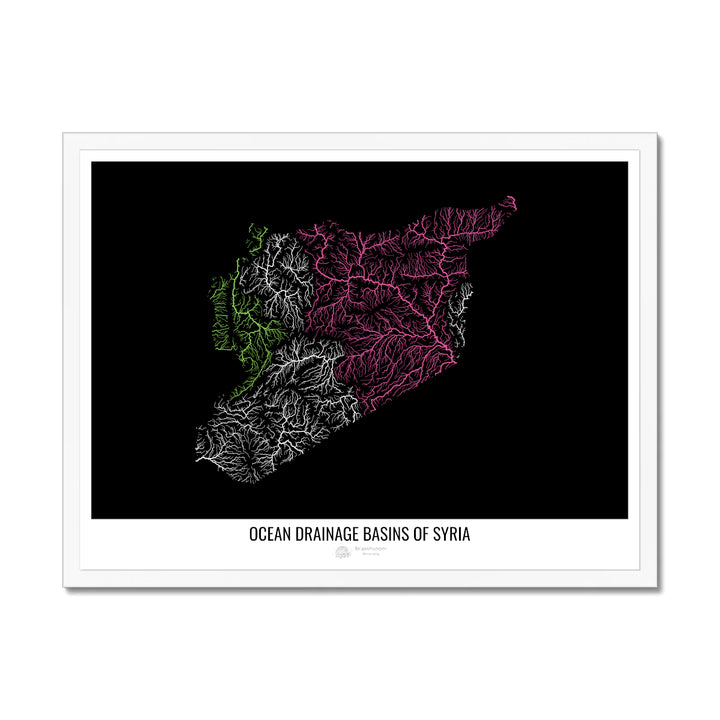 Syria - Ocean drainage basin map, black v1 - Framed Print