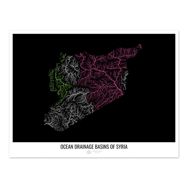 Syrie - Carte des bassins hydrographiques océaniques, noir v1 - Fine Art Print