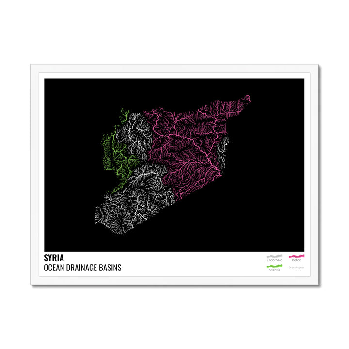 Syria - Ocean drainage basin map, black with legend v1 - Framed Print