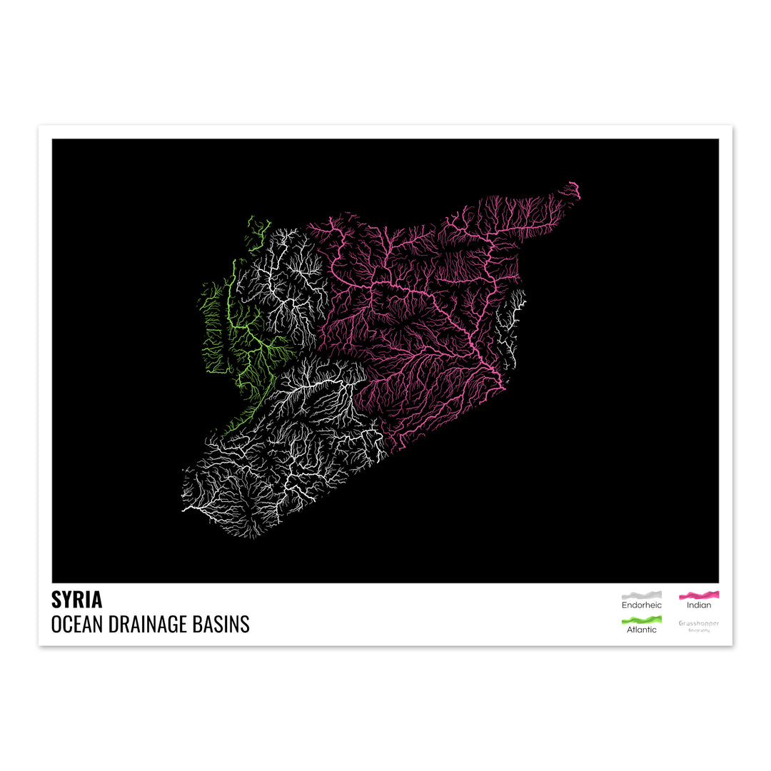 Syria - Ocean drainage basin map, black with legend v1 - Fine Art Print