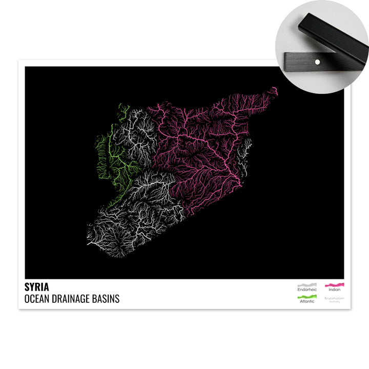 Syria - Ocean drainage basin map, black with legend v1 - Fine Art Print with Hanger