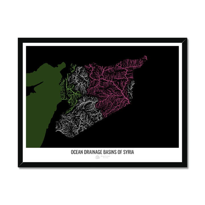 Syria - Ocean drainage basin map, black v2 - Framed Print