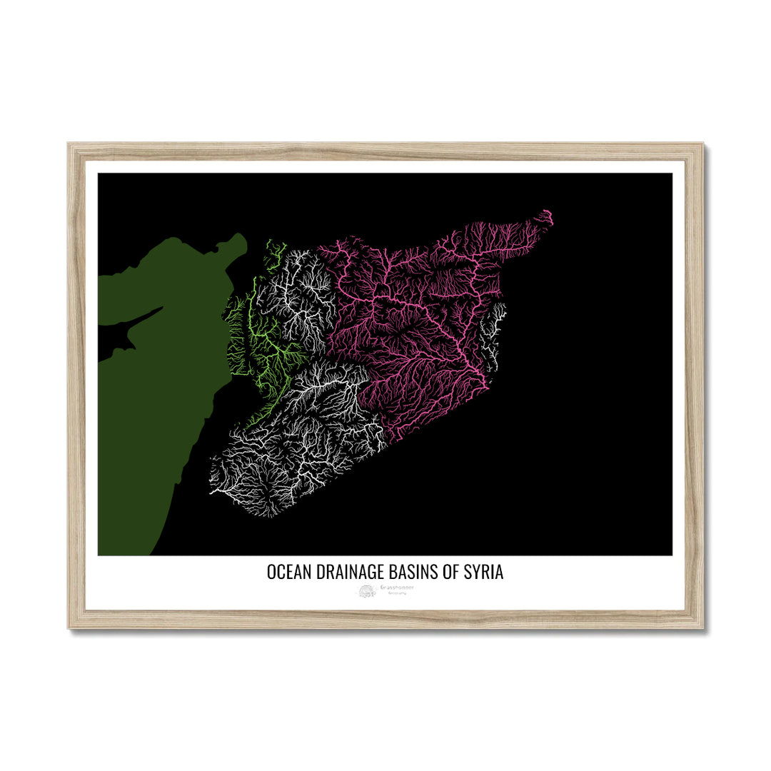 Siria - Mapa de la cuenca de drenaje oceánico, negro v2 - Lámina enmarcada