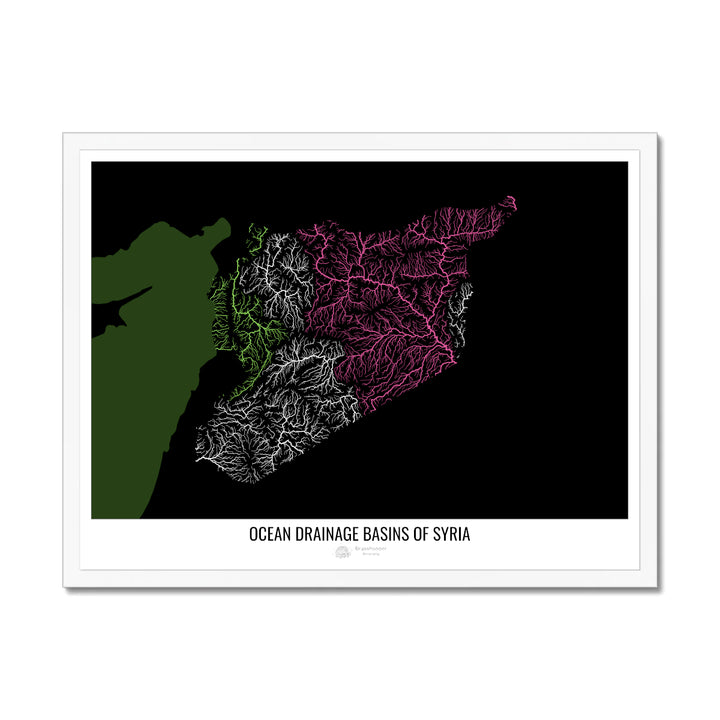 Syria - Ocean drainage basin map, black v2 - Framed Print