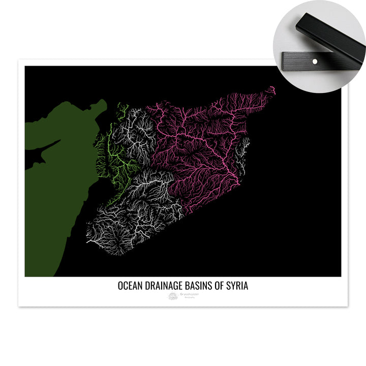 Syria - Ocean drainage basin map, black v2 - Fine Art Print with Hanger