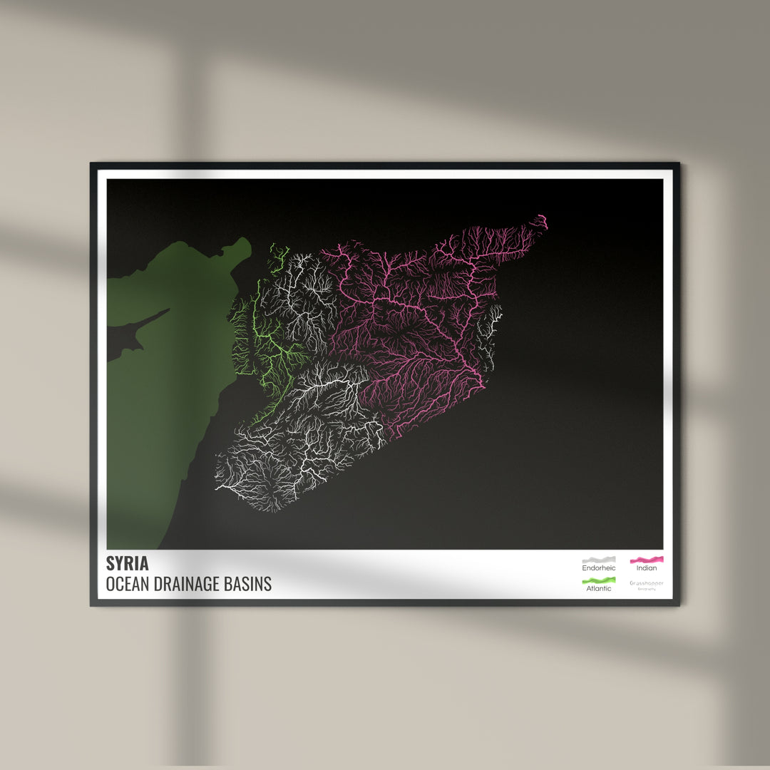 Syria - Ocean drainage basin map, black with legend v2 - Photo Art Print