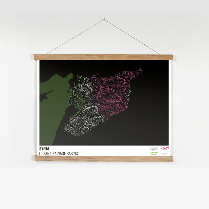 Syrie - Carte du bassin versant océanique, noire avec légende v2 - Tirage d'art avec cintre