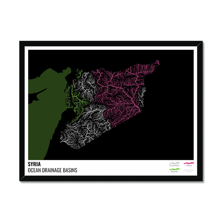 Syria - Ocean drainage basin map, black with legend v2 - Framed Print